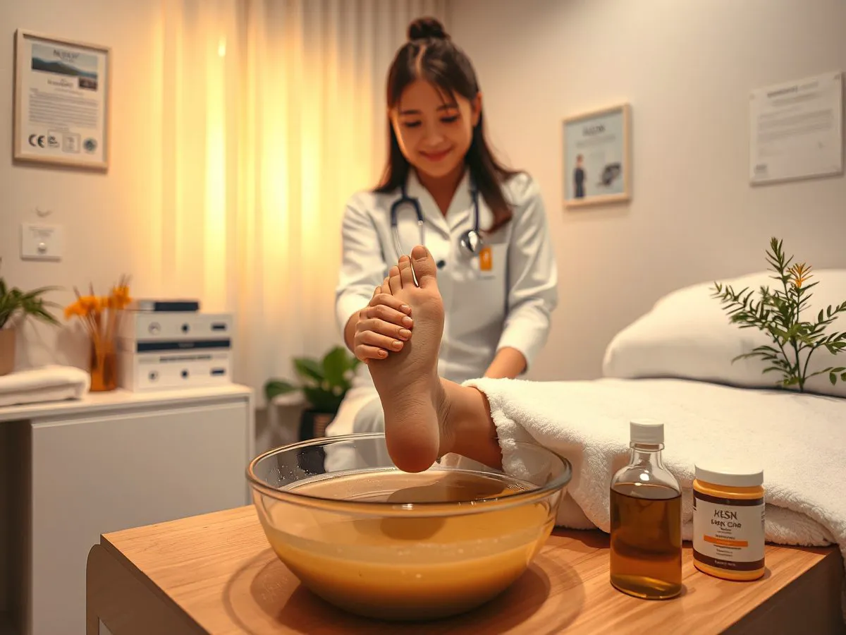 足部护理师为客户进行杀菌足浴，使用茶树精油等产品
